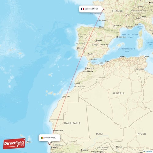 Nantes - Dakar direct flight map