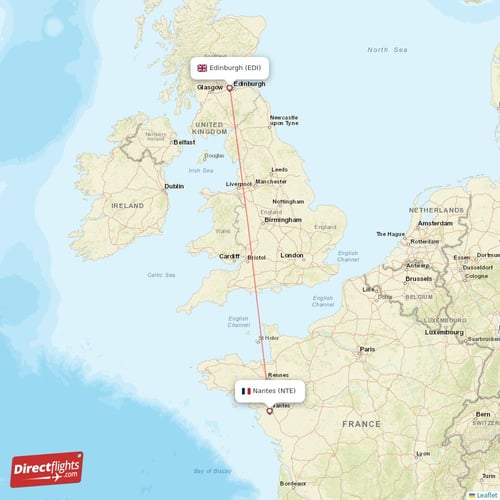 Nantes - Edinburgh direct flight map