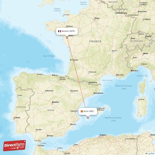 Nantes - Ibiza direct flight map