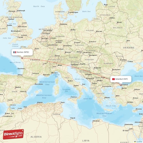 Nantes - Istanbul direct flight map