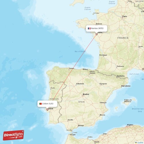 Nantes - Lisbon direct flight map