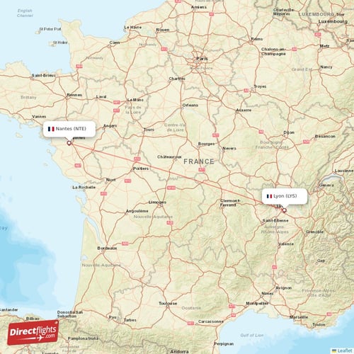 Nantes - Lyon direct flight map