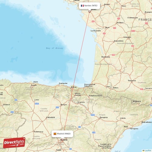 Nantes - Madrid direct flight map