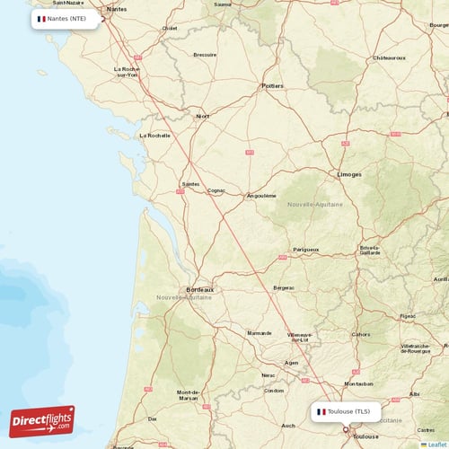 Nantes - Toulouse direct flight map