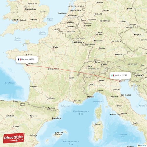 Nantes - Venice direct flight map