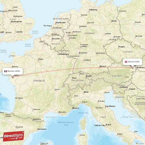 Nantes - Vienna direct flight map