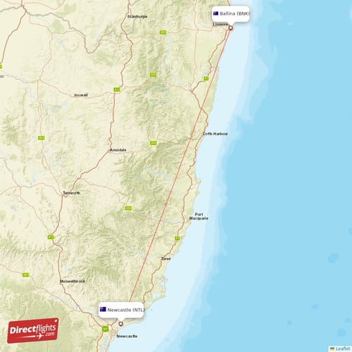 Newcastle - Ballina direct flight map