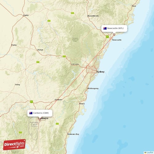 Newcastle - Canberra direct flight map