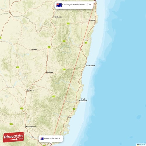 Newcastle - Coolangatta (Gold Coast) direct flight map