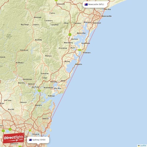 Newcastle - Sydney direct flight map