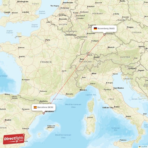 Nuremberg - Barcelona direct flight map