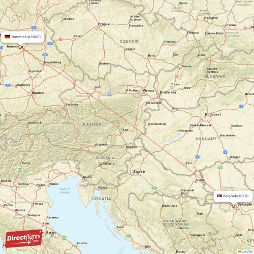 Nuremberg - Belgrade direct flight map