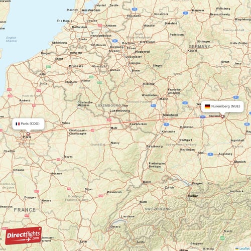 Nuremberg - Paris direct flight map