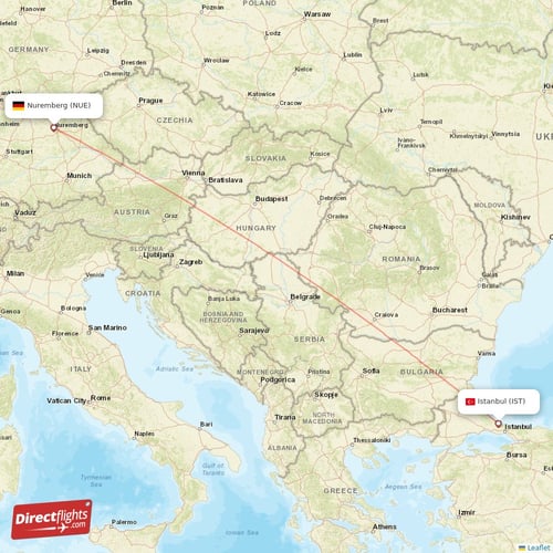 Nuremberg - Istanbul direct flight map