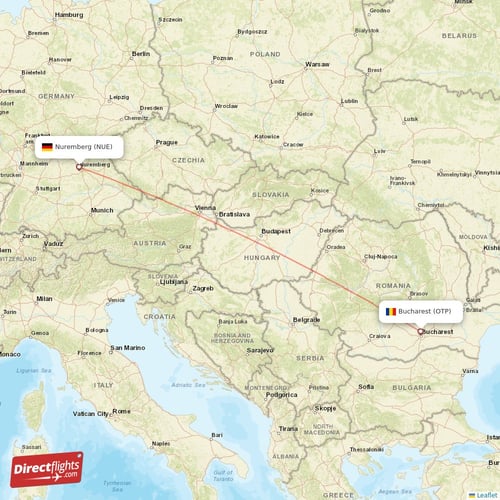 Nuremberg - Bucharest direct flight map