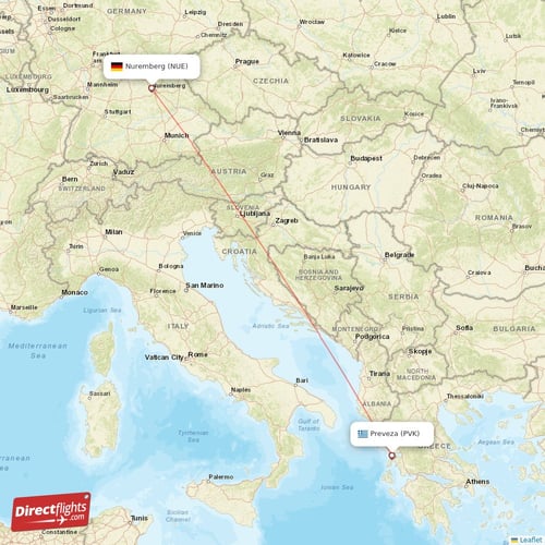 Nuremberg - Preveza direct flight map