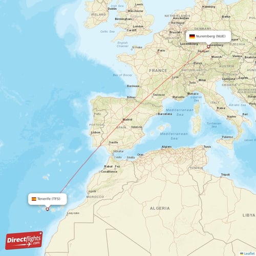 Nuremberg - Tenerife direct flight map