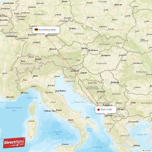 Nuremberg - Tirana direct flight map
