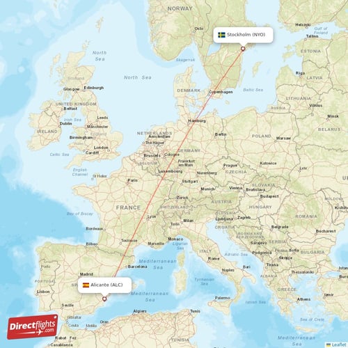 Stockholm - Alicante direct flight map