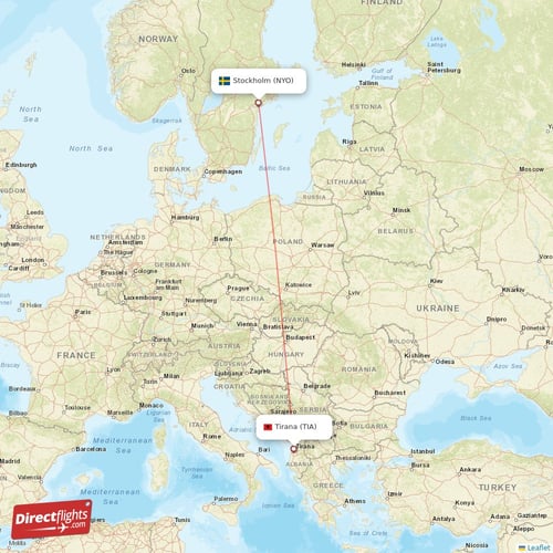 Stockholm - Tirana direct flight map