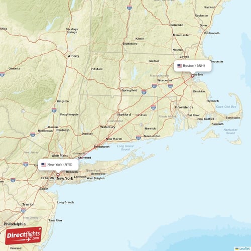 New York - Boston direct flight map