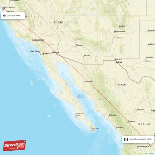 Oakland - Leon/Guanajuato direct flight map