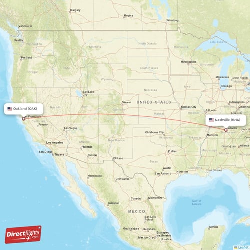 Oakland - Nashville direct flight map