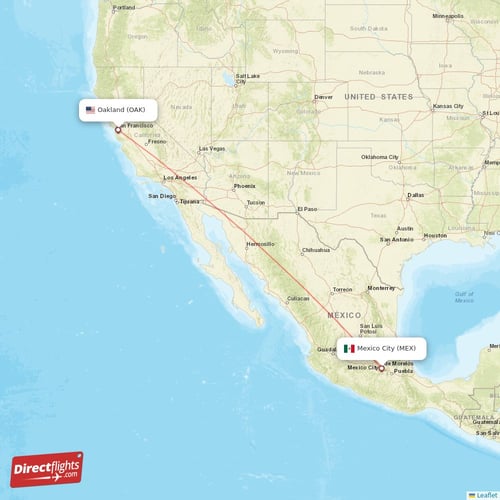 Oakland - Mexico City direct flight map