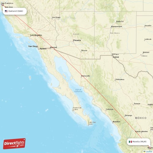 Oakland - Morelia direct flight map