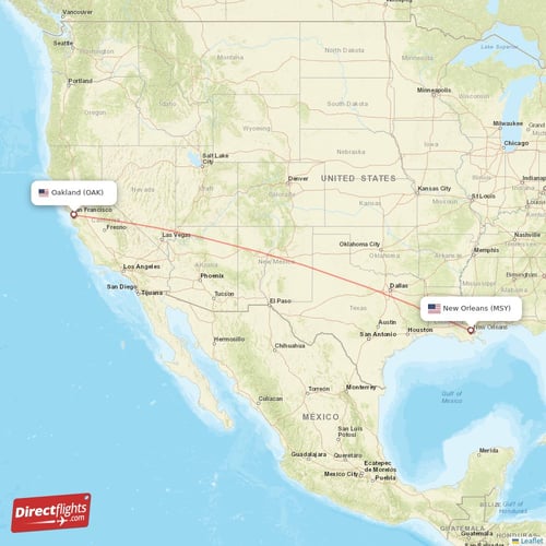 Oakland - New Orleans direct flight map