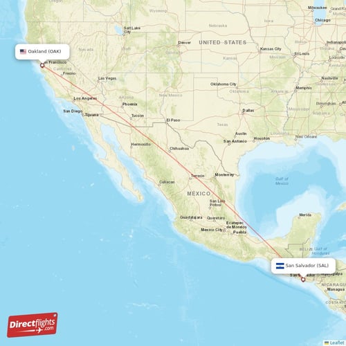 Oakland - San Salvador direct flight map