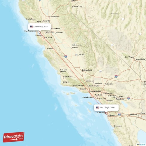 Oakland - San Diego direct flight map