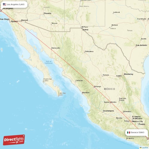 Oaxaca - Los Angeles direct flight map