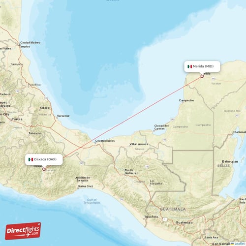 Oaxaca - Merida direct flight map
