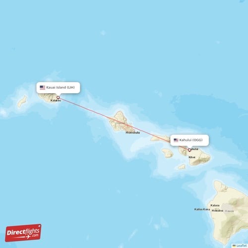 Kahului - Kauai Island direct flight map