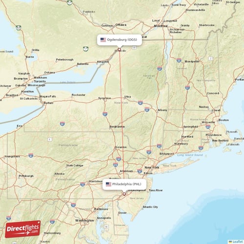 Ogdensburg - Philadelphia direct flight map