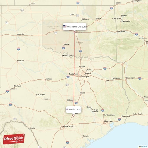 Oklahoma City - Austin direct flight map