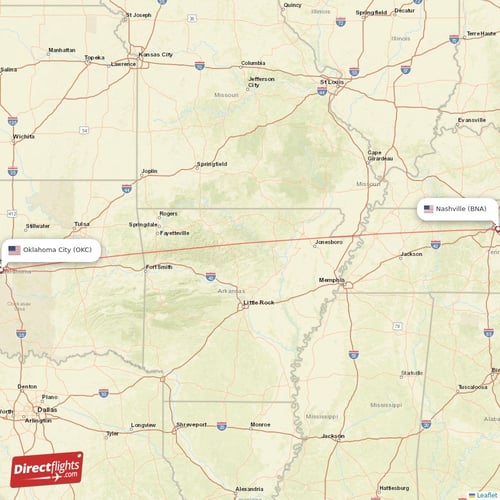 Oklahoma City - Nashville direct flight map