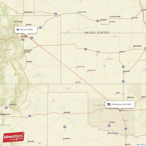 Oklahoma City - Denver direct flight map
