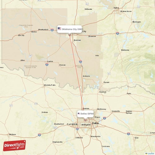 Oklahoma City - Dallas direct flight map