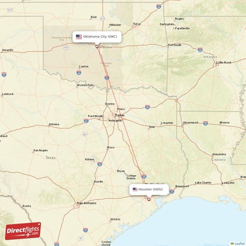 Oklahoma City - Houston direct flight map