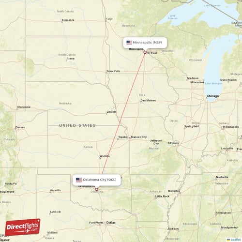 Oklahoma City - Minneapolis direct flight map