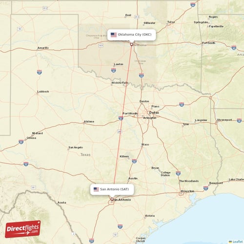Oklahoma City - San Antonio direct flight map