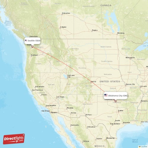 Oklahoma City - Seattle direct flight map