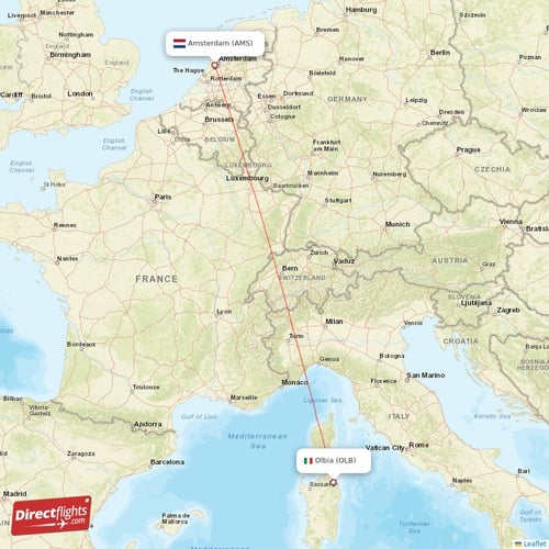 Olbia - Amsterdam direct flight map