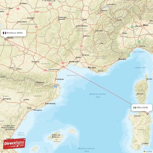 Olbia - Bordeaux direct flight map