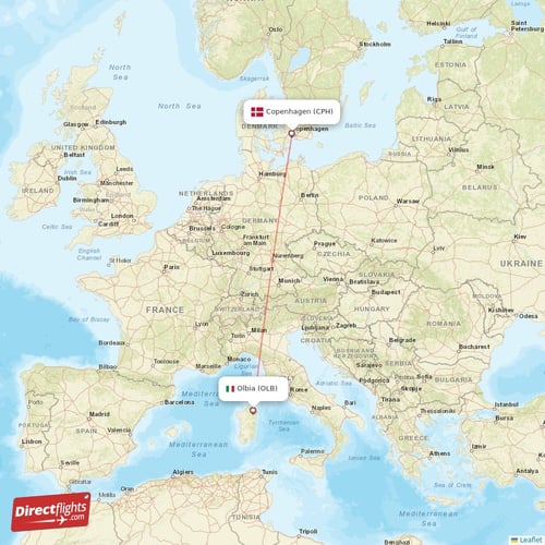 Olbia - Copenhagen direct flight map