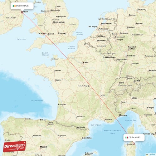 Olbia - Dublin direct flight map