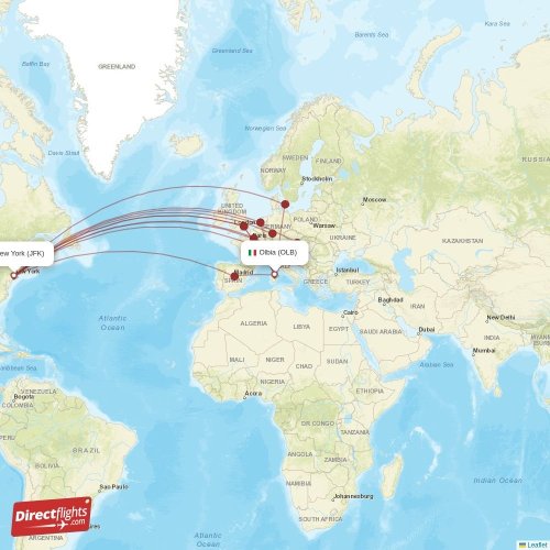 Olbia - New York direct flight map