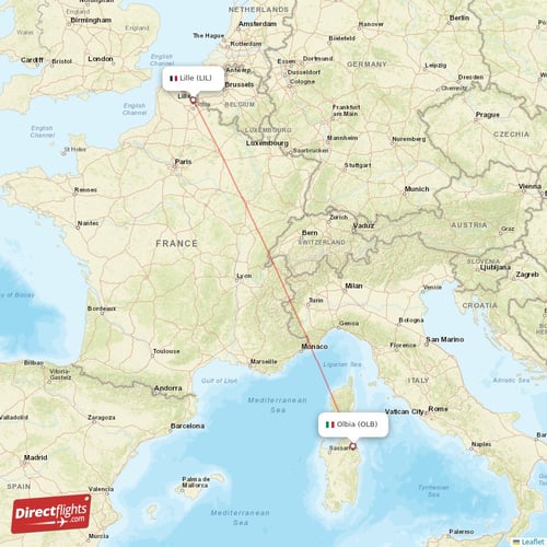 Olbia - Lille direct flight map